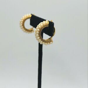 Vintage Gold seed pearl half moon hoop clip on earrings